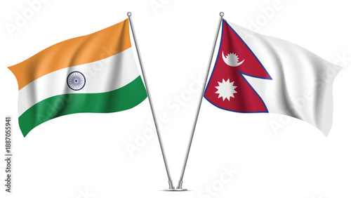 High Quality background with Two Standings Wavy Flags of India and Nepal
