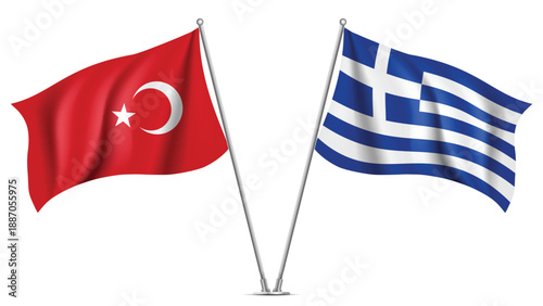 High Quality background with Two Standings Wavy Flags of Greece and Turkey