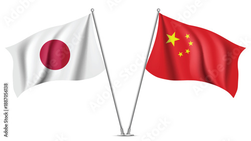 High Quality background with Two Standings Wavy Flags of Japan and China