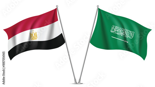 High Quality background with Two Standings Wavy Flags of Egypt and Saudi Arabia
