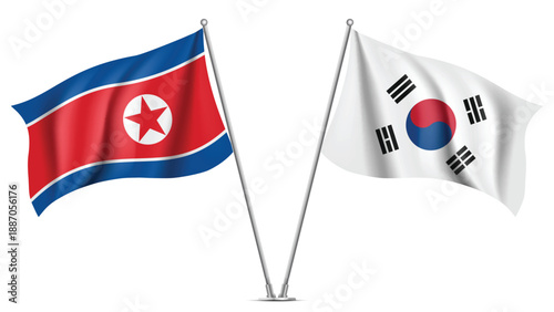 High Quality background with Two Standings Wavy Flags of South Korea and North Korea