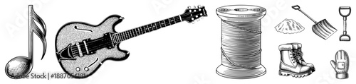 Vintage Guitar, Musical Note, Thread Spool, Snow Shovel, Work Boots and Mittens