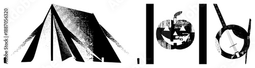 Halloween Pumpkin, Banjo, and Tent Silhouettes in Halftone Vector Design