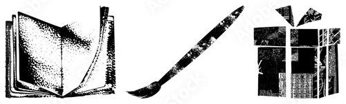 Open Book, Brush, and Gift Box in Halftone Vector Illustration