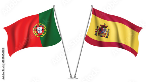 High Quality background with Two Standings Wavy Flags of Spain and Portugal