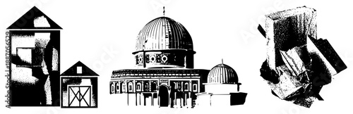 Halftone Illustration of Historic Islamic Dome Architecture and Abstract Geometric Forms