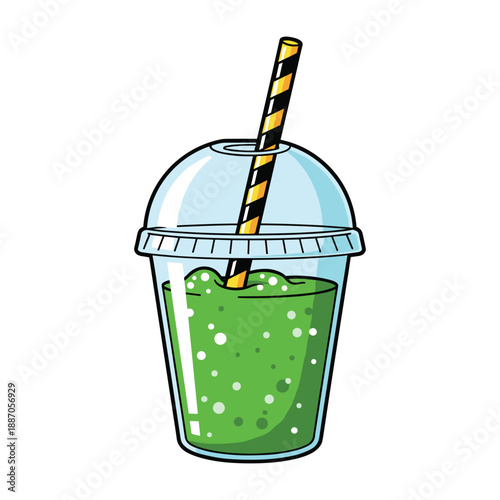 Green smoothie in a plastic cup with straw