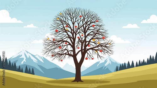 A bare tree with a few red and yellow apples stands against a mountain backdrop