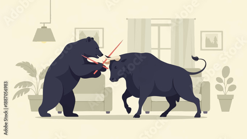 A bear and bull confront each other with glowing swords in a room