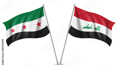 High Quality background with Two Standings Wavy Flags of Syria and Iraq