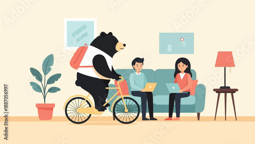 A bear on a bicycle arrives to join two people working on laptops