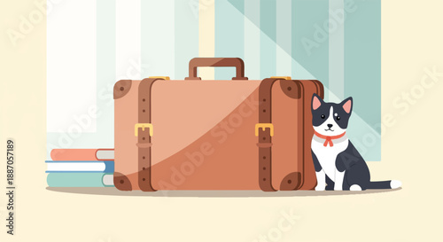 A black and white cat sits beside a vintage suitcase and books