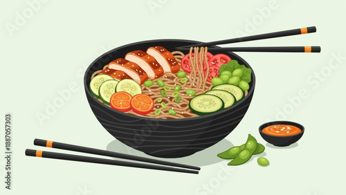 A black bowl overflowing with noodles, chicken, cucumber, tomato, edamame, and sauce