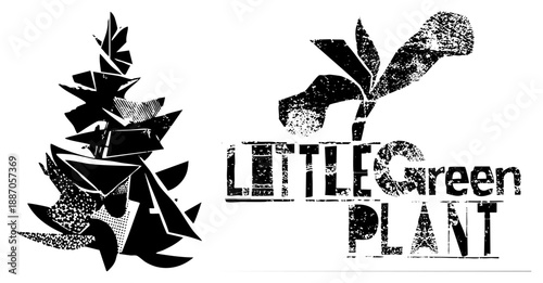 Abstract Stylized Plant Logo with Text "Little Green Plant" in Grunge Style