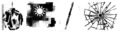 Abstract Fragmented Circular and Flag Motifs with Radiating Cracks