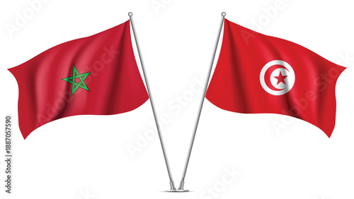 High Quality background with Two Standings Wavy Flags of Morocco and Tunisia