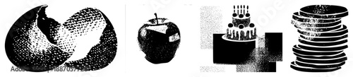 Halftone Rendered Fruit, Cake, and Bread Stack in Black and White Vector Art
