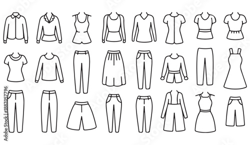Modern women garment collection outline illustrations