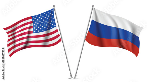 High Quality background with Two Standings Wavy Flags of USA and Russia
