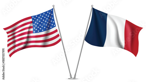 High Quality background with Two Standings Wavy Flags of USA and France