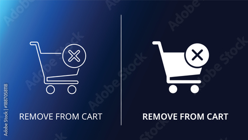 E commerce shopping cart removal icons contrasting line and filled styles with 'remove from cart' text on blue background