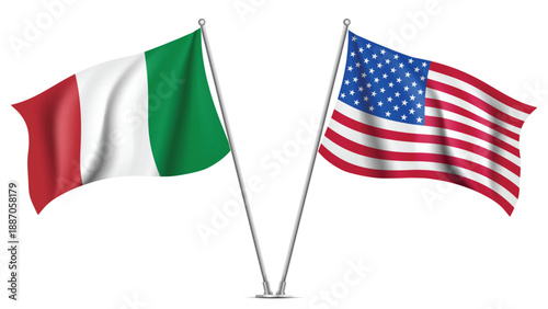 High Quality background with Two Standings Wavy Flags of USA and Italy