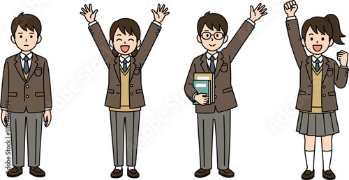 Set of high school students in uniform celebrating and showing different emotions
