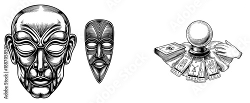 Mystical Masks and Fortune Telling Setup with Crystal Ball and Tarot Cards