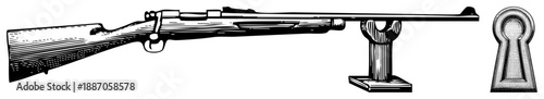Vintage Bolt Action Rifle Displayed on Stand with Keyhole Symbol