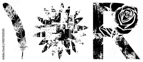 Vintage Grunge Feather, Sunburst, and Rose Letter R Monogram Set