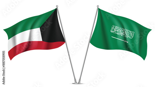 High Quality background with Two Standings Wavy Flags of Saudi Arabia and Kuwait