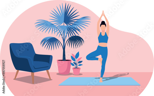 Woman practicing yoga tree pose in a cozy living room illustration