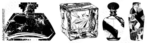 Vintage Perfume Bottles and Crystal Decanters in Retro Ink Sketch Style