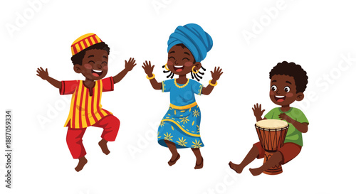 Vector illustration of African children dancing joyfully to drums at a community gathering, celebrating music, rhythm, and cultural expression in flat vector style