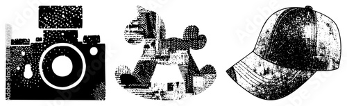 Vintage Camera, Dog, and Baseball Cap in Halftone Vector Illustration