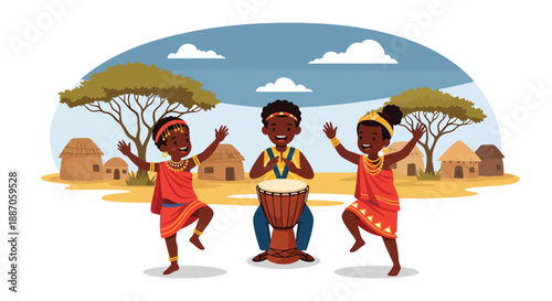 Vector illustration of African children dancing joyfully to drums at a community gathering, celebrating music, rhythm, and cultural expression in flat vector style