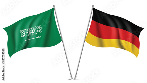 High Quality background with Two Standings Wavy Flags of Saudi Arabia and Germany