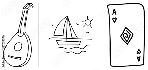 Hand Drawn of Lute, Sailboat, and Ace of Playing Card