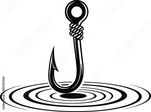 Fishing hook vector illustration, black and white design with water ripples and suspended bait line