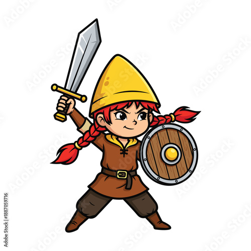 Cartoon character with sword and shield ready for battle