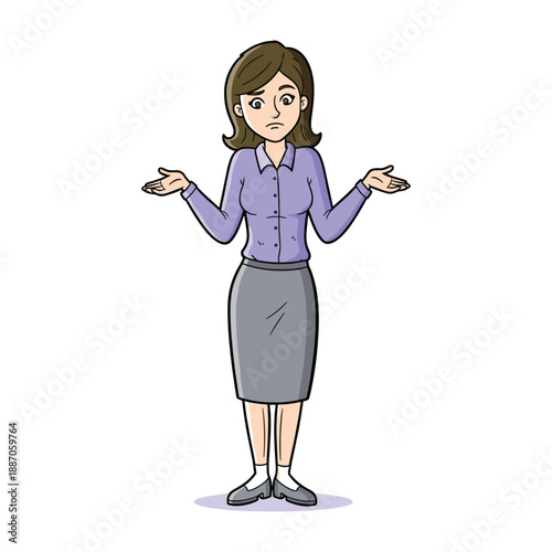 Confused businesswoman shrugs shoulders in uncertainty