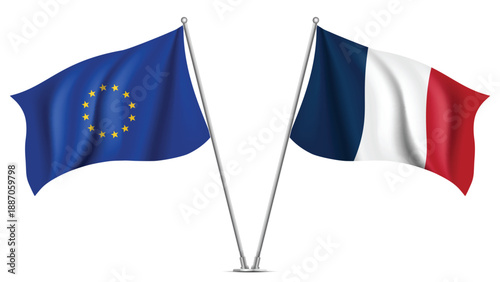 High Quality background with Two Standings Wavy Flags of European Union & France