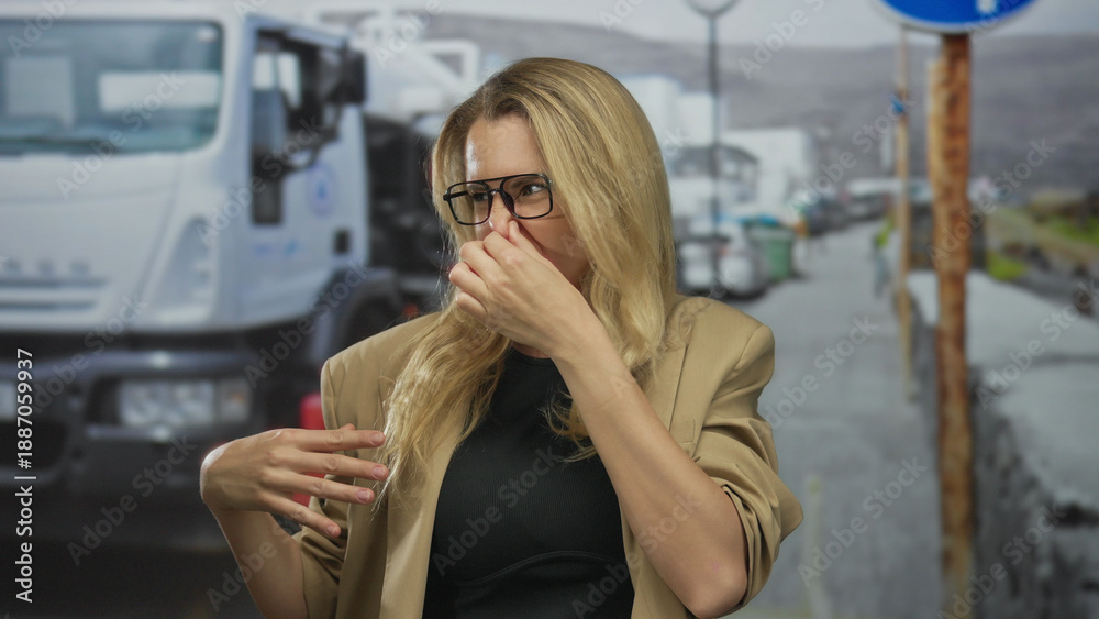 Fototapeta premium Woman outdoors in city street with blonde hair and glasses reacts to smell near parked trucks showcasing urban life and transportation.
