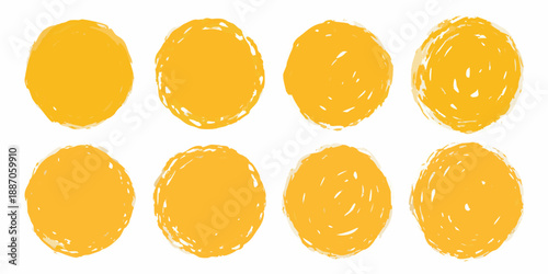 A collection of roughly drawn textured golden yellow oval shapes on white
