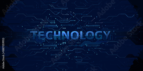 Abstract technology background with glowing circuit lines and the word technology