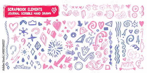 A collection of hand drawn scrapbook elements for journaling and creative projects