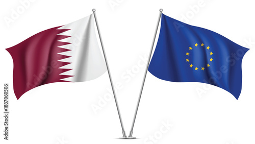 High Quality background with Two Standings Wavy Flags of European Union & Qatar