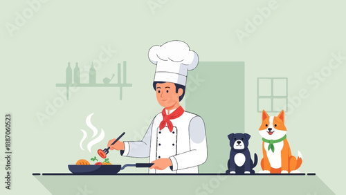 A cheerful chef prepares food in a kitchen with two adorable dogs nearby