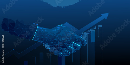 A digital handshake over a rising graph represents growth and successful partnership