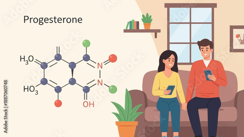 A chemical structure is displayed next to a couple relaxing on a couch with phones